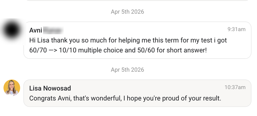 Student message: 60 out of 70 on a test