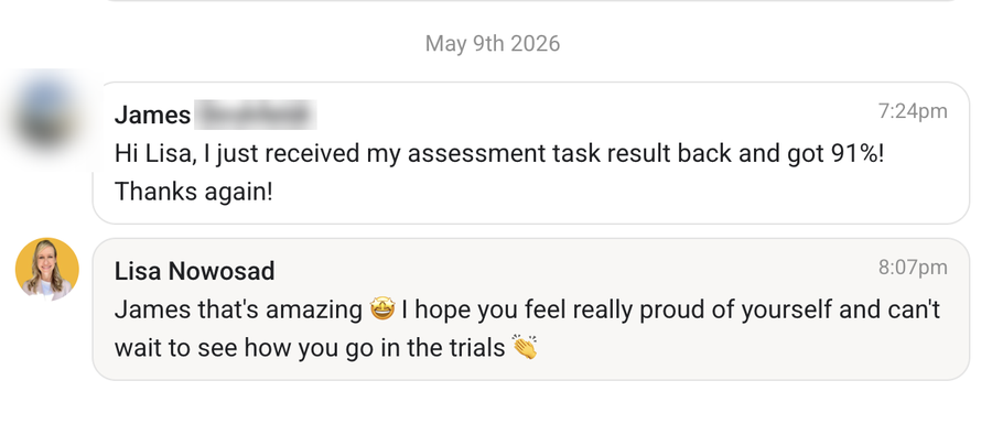 Student message: 91% on an assessment task