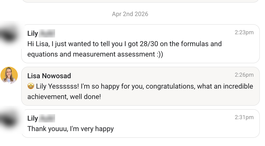 Student message: 28 out of 30 on an assessment