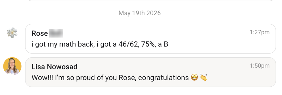 Student message: 46 out of 62, a B