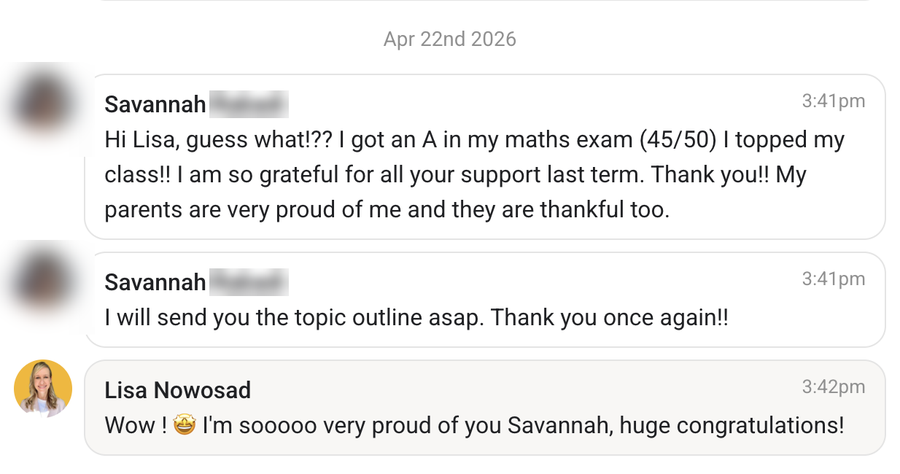 Student message: A in maths, 45 out of 50, topped the class